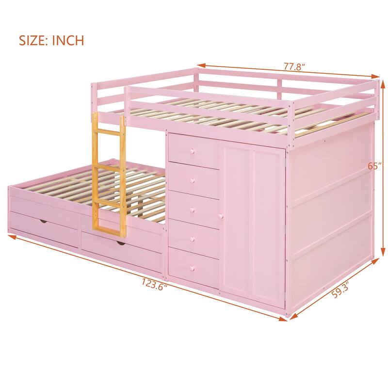Full Size Bunk Bed with Storage - 2 Large & 5 Small Drawers, Small Wardrobe, MDF & Solid Wood