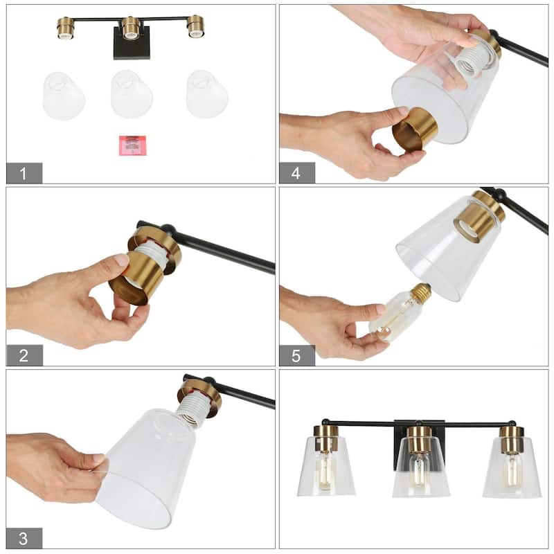 Airielle Black Gold 3-Lights Bathroom Vanity Lights Modern Farmhouse Wall Lamps with Cylinder Glass Shade