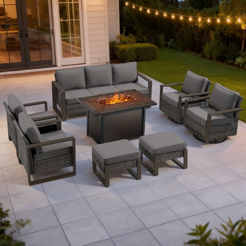 Meyreso Wicker Outdoor Patio Metal Fire Pit Set with Swivel Gliders and Olefin Cushions - Gray / Gray Cushions - 8-Piece