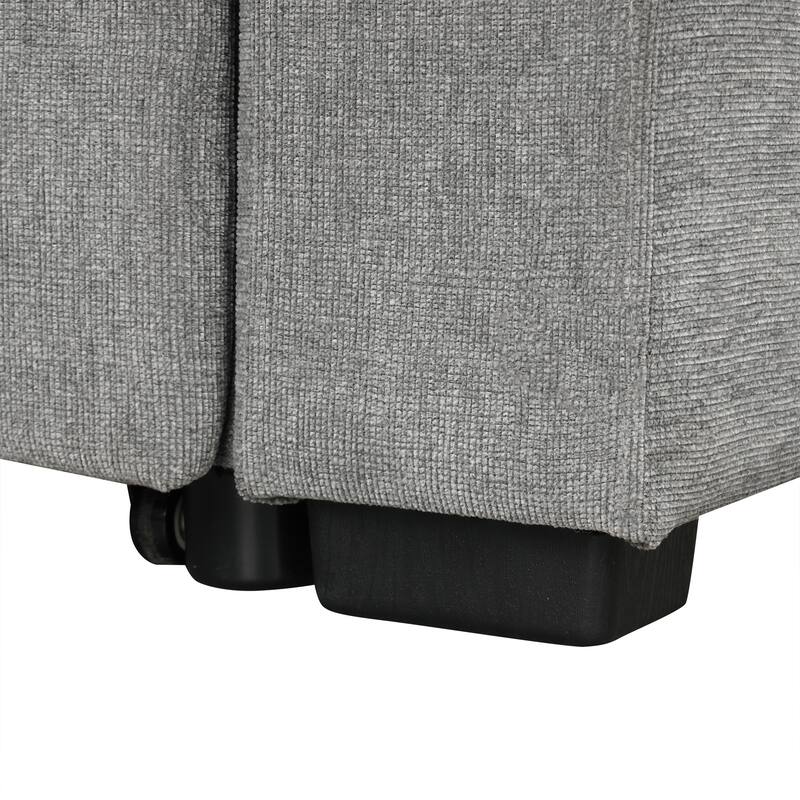 109.1" Gray Chenille Convertible Sofa Bed with Storage Ottoman, USB Ports & Cup Holders
