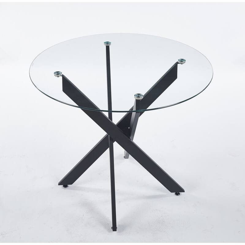 Black Dining Table with cross metal leg and tempered glass,Modern Space Saving Kitchen Table for Living Room
