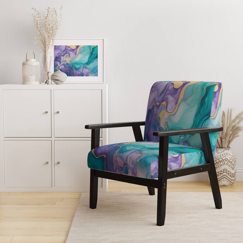 Designart "Segment Layers of Marbled Rock" Upholstered Fractals Accent Chair and Arm Chair - Arm Chair - Black Wood - Turquoise & Purple