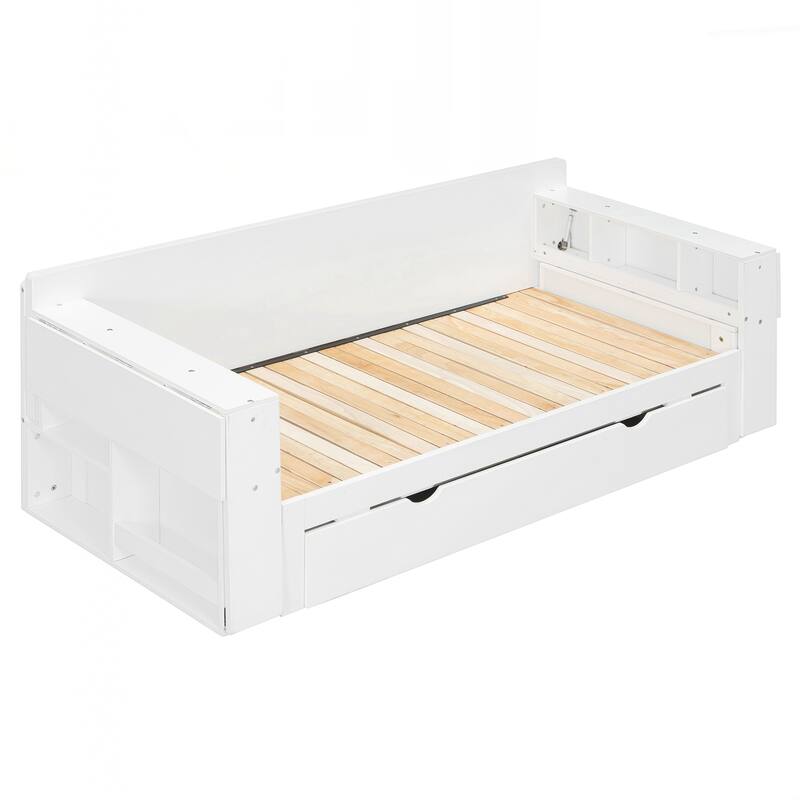 Queen Size Daybed with Removable Desk, Storage Drawers & Hydraulic Side Table
