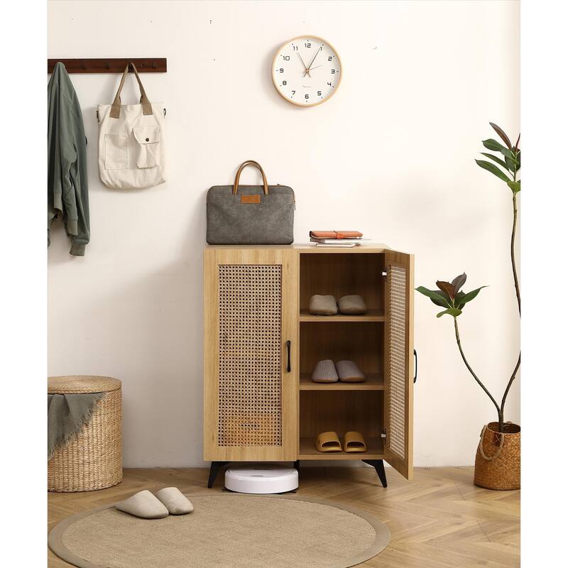 29.5inch Natural Rattan Storage Cabinet Double-Door Shoe Cabinet with Large Storage Space and Durable Structure