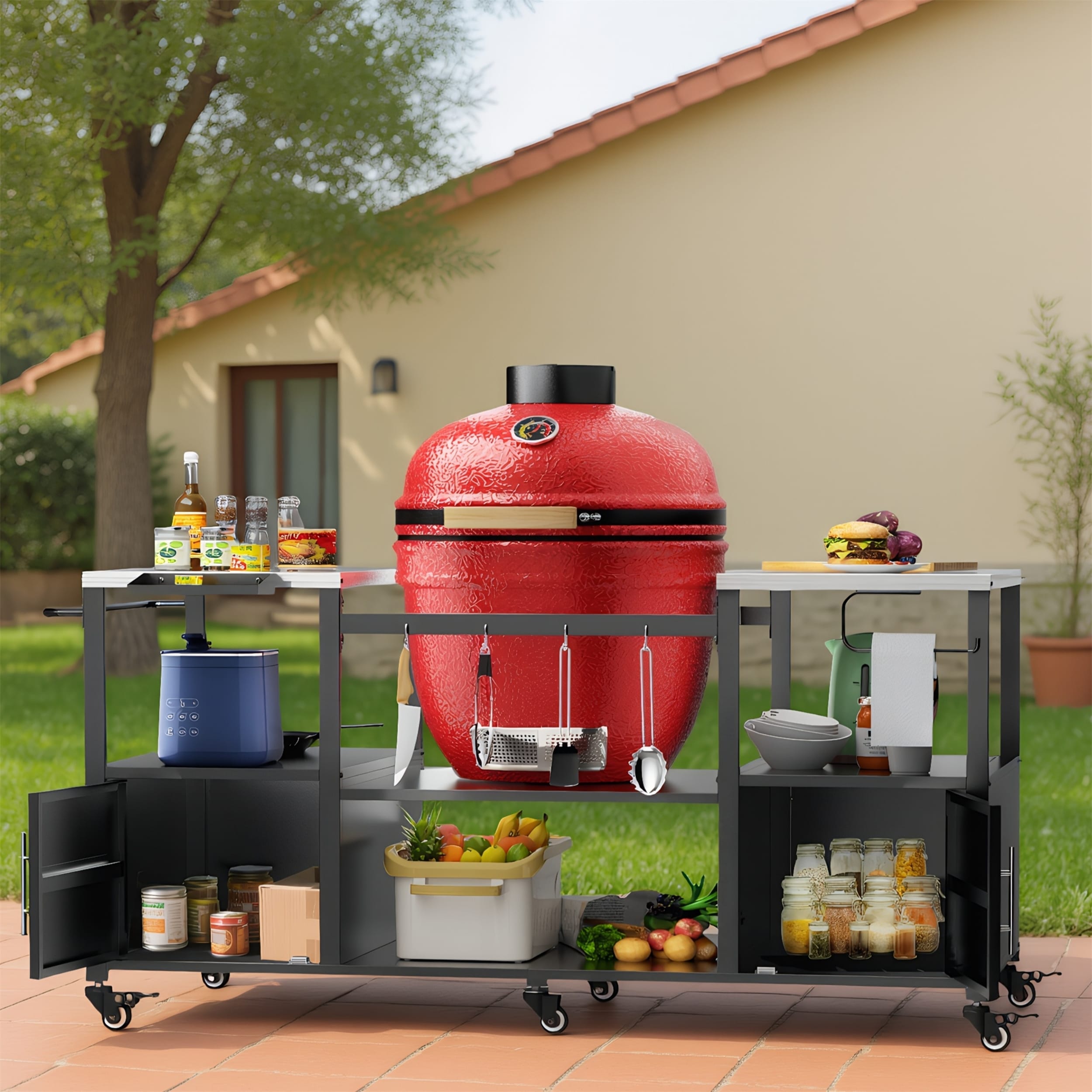 Big Egg Grill Cart with Storage Box, Spice Rack, 6 Wheels and Brakes