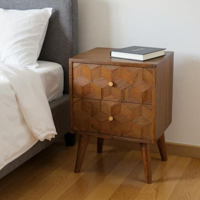 HomeRoots 22" Chestnut Solid Wood Carved Geometric Two Drawer Nightstand