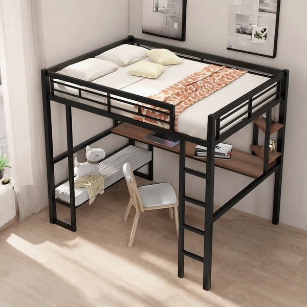slide 2 of 5, Full Size Loft Bed with Desk and Shelves, Sturdy Metal & MDF Frame, Black Black