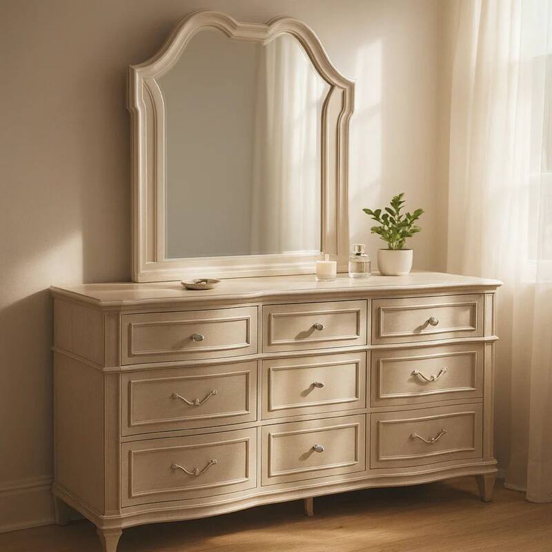Nive Wide Dresser with Mirror, 9 Drawers, Pearl Knobs, Silver Oak