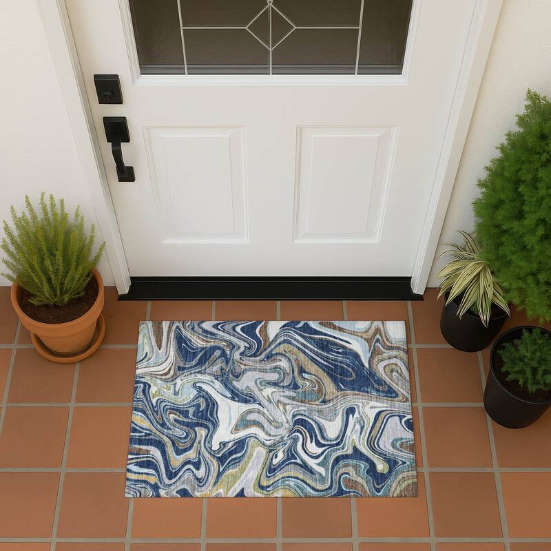 Machine Washable Indoor/ Outdoor Contemproary Fusion Chantille Rug - Navy - 1'8" x 2'6"