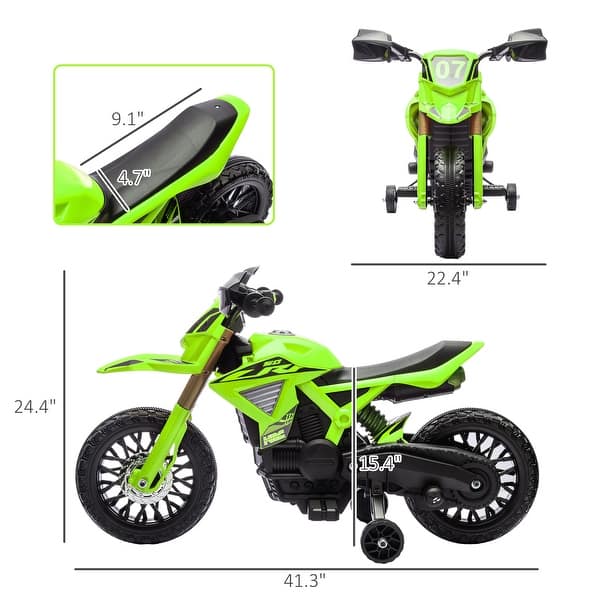 dimension image slide 2 of 3, Qaba Kids Motorcycle, 6V Battery Powered Dirt Bike with Training Wheels, Horn & Start Sound, Electric Motorbike, Green