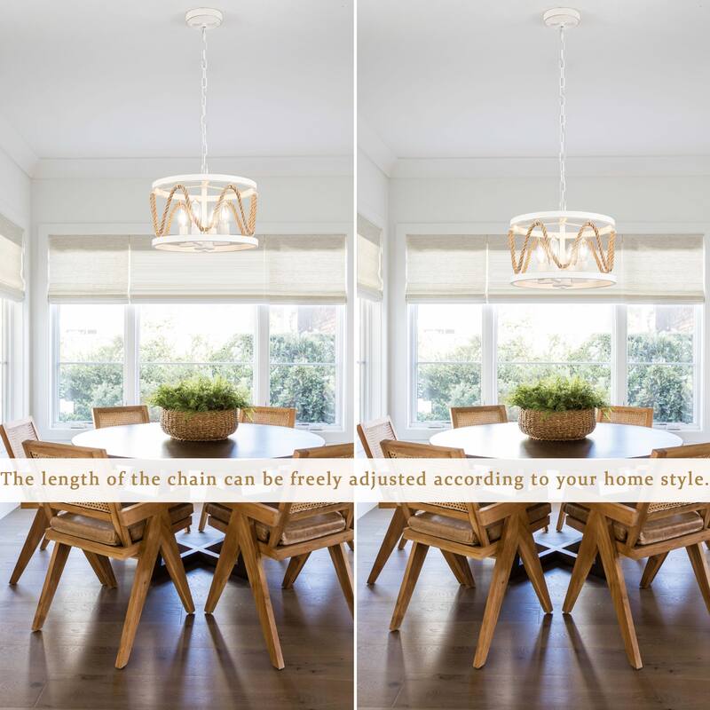 4-Light Drum-shaped Chandelier with Hemp Rope for Kitchen Living Room