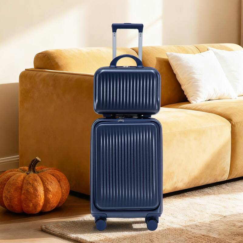 14"/20" 2 pcs/set in ABS Spinner Wheel Luggage, with Combination Lock and Front Opening Design, 14" Cosmetic Case