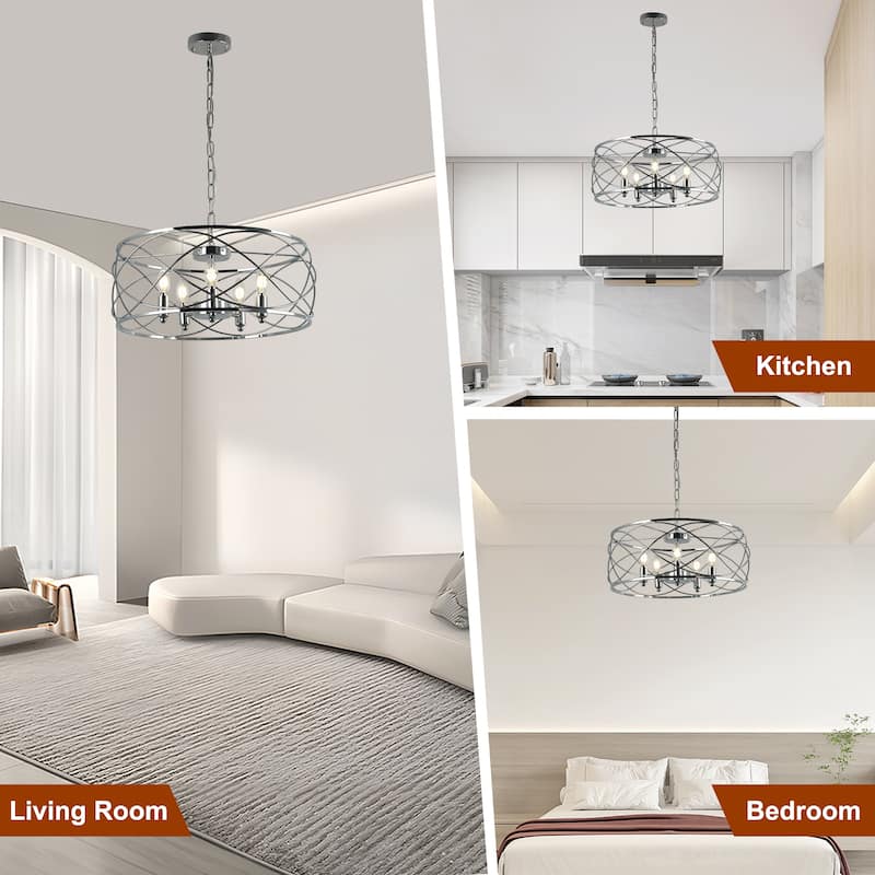 CurveCurio 20" Modern Industrial Caged Light, Contemporary Chandelier w 5 Lights, Adjustable Hanging Chain for Dinging Area