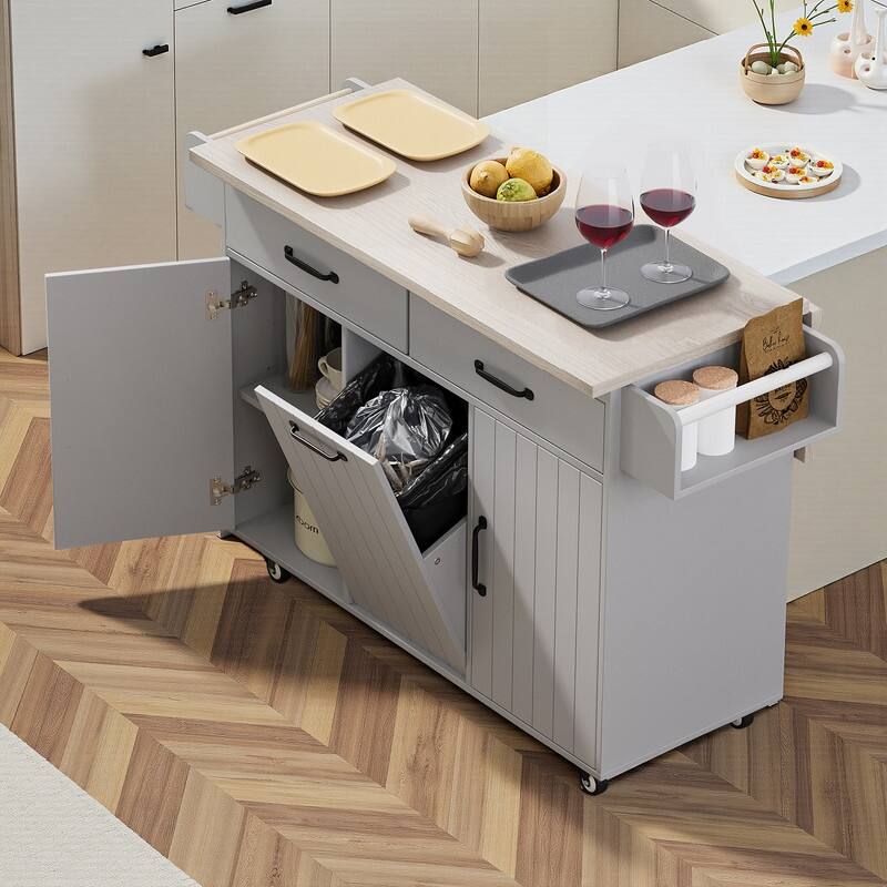 Alger Kitchen Island with Trash Can Storage Cabinet - Grey