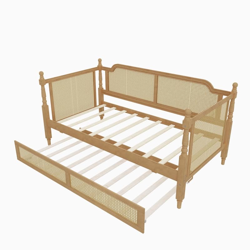 Vintage Rattan Wooden Daybed with Trundle