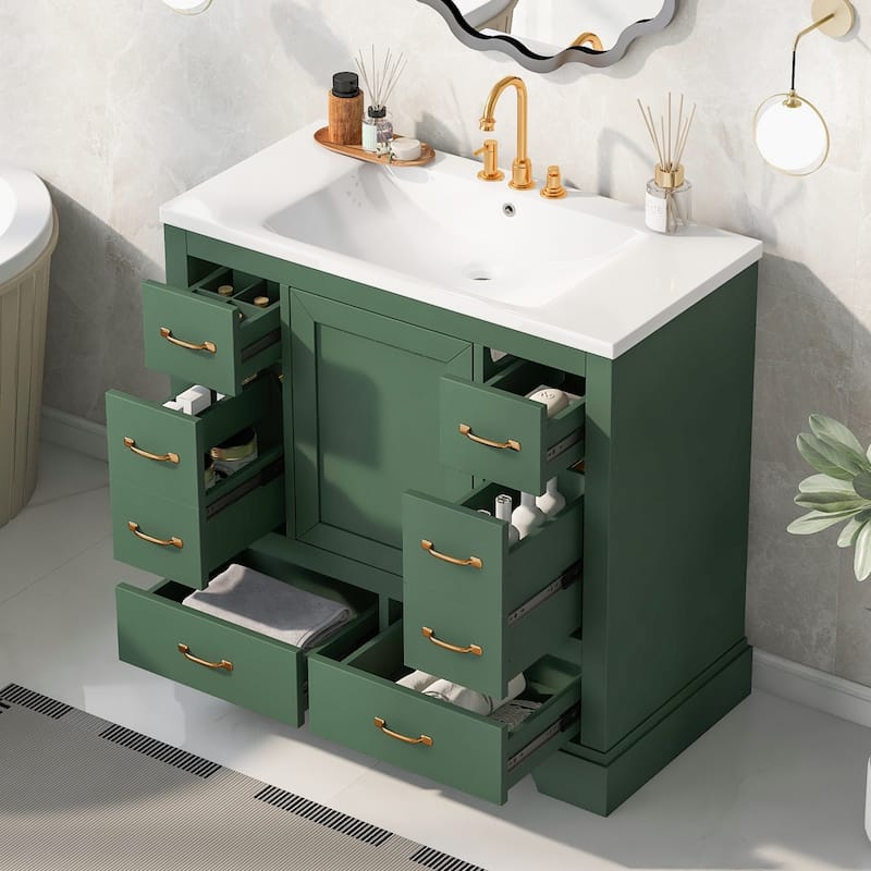 36" Bathroom Vanity with Sink Combo, 6 Drawers, Adjustable Shelf - Green