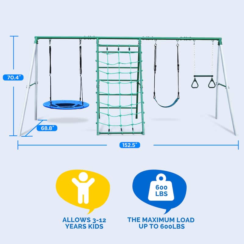 600lbs Swing Sets for Backyard With Saucer Swing, Trapeze Monkey Bar, Belt Swing, Climbing Rope, Climbing Ladder