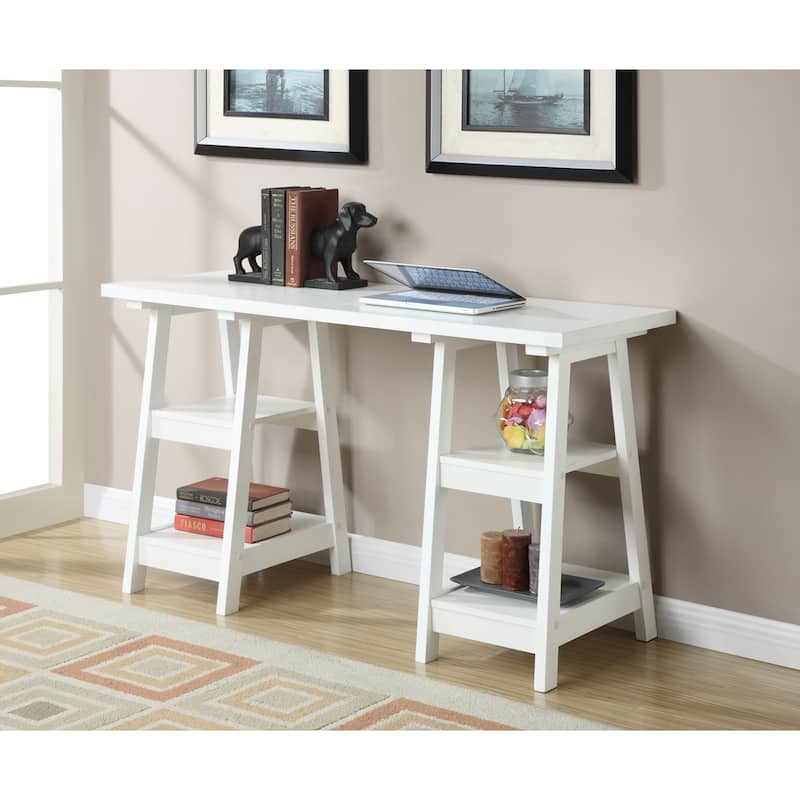 Contemporary Double Trestle Desk with Shelves - Home Office Workstation, 54" Wide