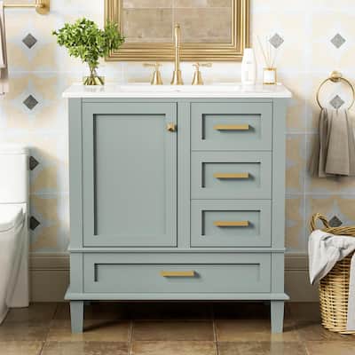 Single Sink Bathroom Vanity Cabinet, Vanity Base & Ceramic Sink Combo Set, 3 Drawers Bathroom Storage Cabinet, 30 Inch