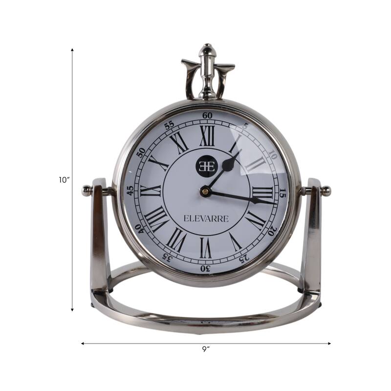 Metal Glass Desk Clock Roman Numerals Silent Movement and Pivot Stand - 9" x 9" x 10"