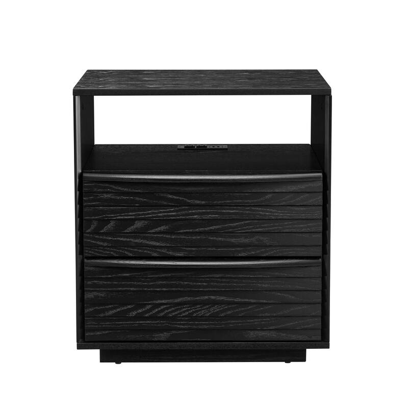 Anmytek Black 2 Drawer Side Table with Power Strip Charging Nightstand for Bedroom and Living Room
