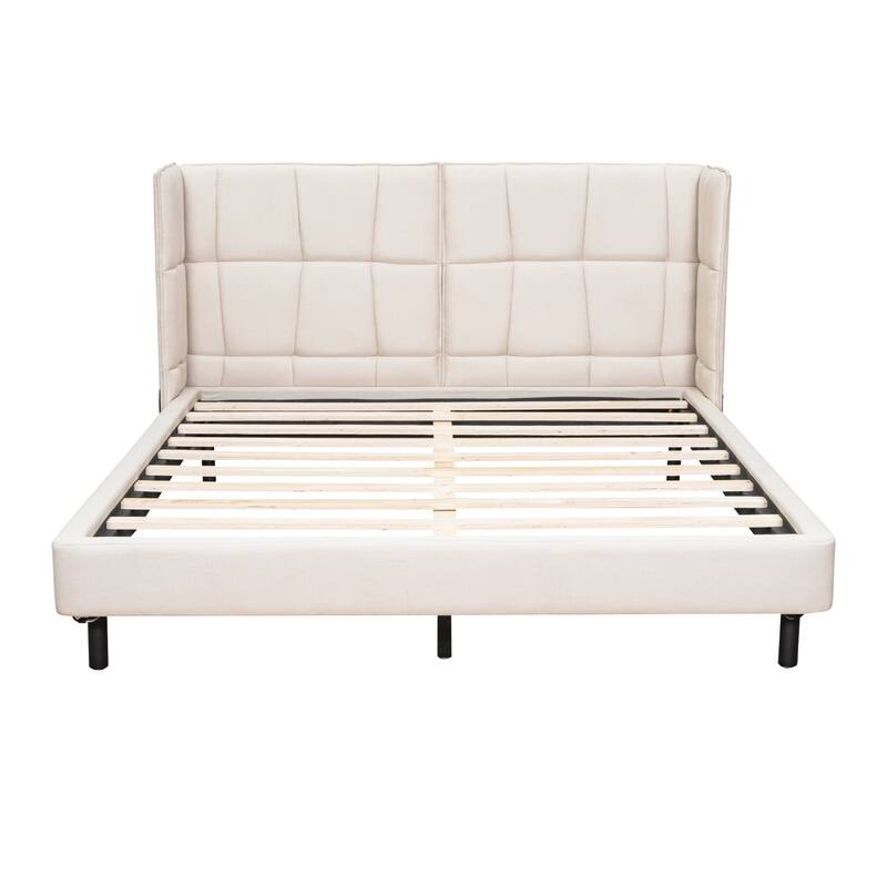HomeRoots Beige Tufted Upholstered Queen Bed Frame With LED Lighting And USB