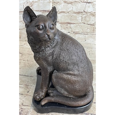 Signed Original Friendly Imitative Cat Feline Bronze Art Deco Marble Base Sculpture Figure
