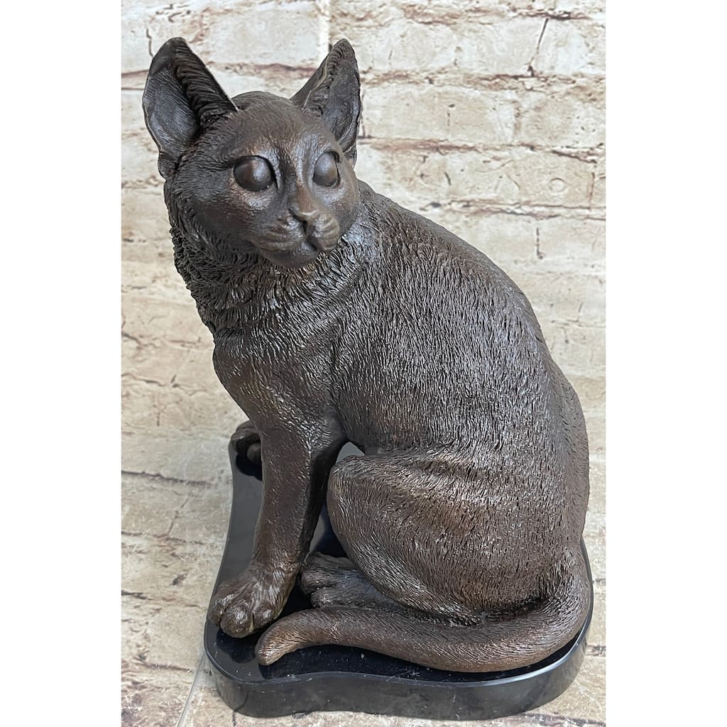 Signed Original Friendly Imitative Cat Feline Bronze Art Deco Marble Base Sculpture Figure