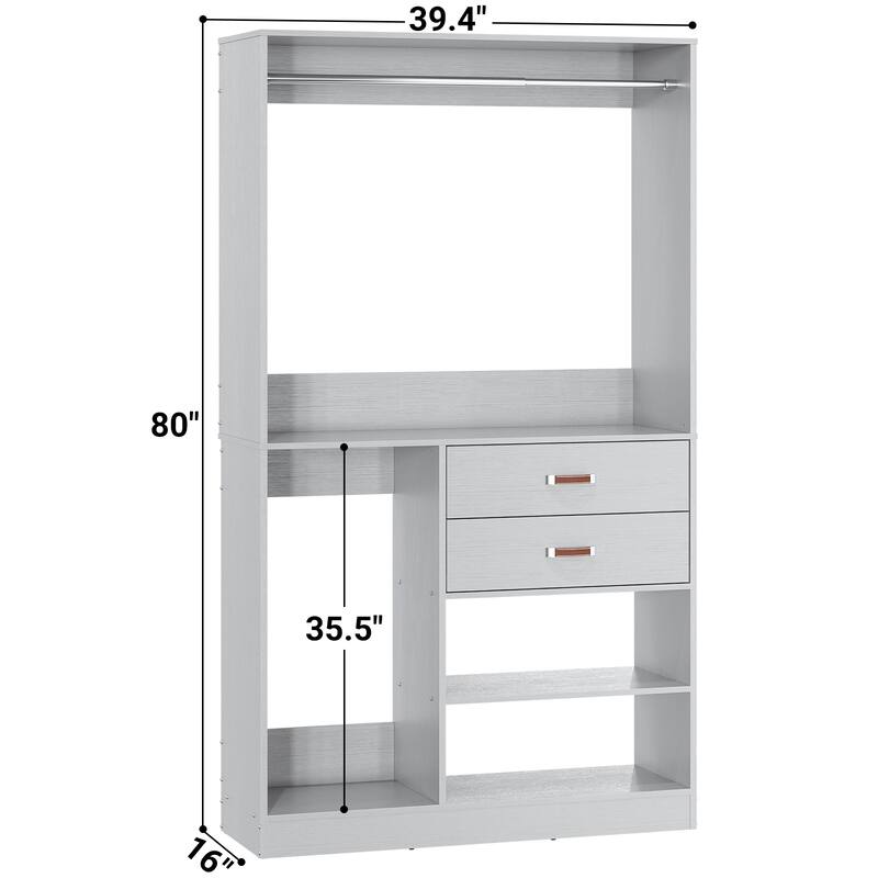 Rackcog Freestanding Closet Organizer with Hanging Rod, Closet System Wardrobe with Wood Drawers