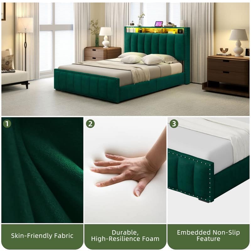 Full / Queen / King Size Platform Bed Frame with Upholstered Storage Headboard and 4 Drawers