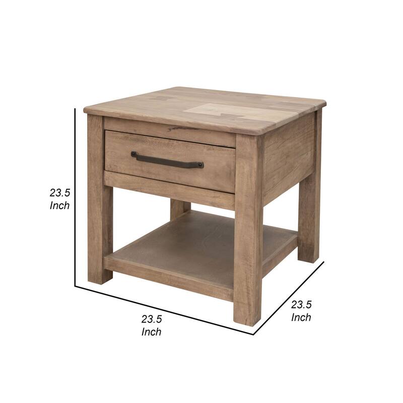 Umey 23 Inch Side End Table, 1 Drawer, Lower Shelf, Natural Brown Wood
