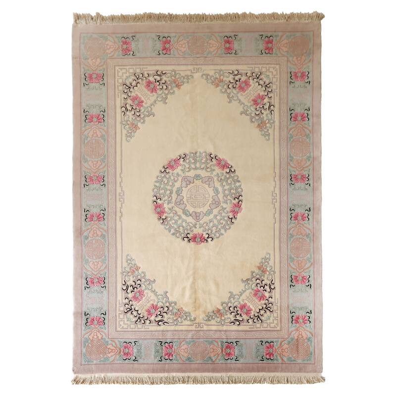 9'6''x14 Hand Knotted Wool IvoryPlush Pile Aubusson Savonnerie Traditional Rug - 9' 6'' x 14'