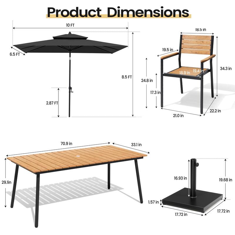 9PC Outdoor Patio Dining Set Wood-Like Aluminum Umbrella Hole Table with Stackable Armchairs,Double Top Market Umbrella and Base