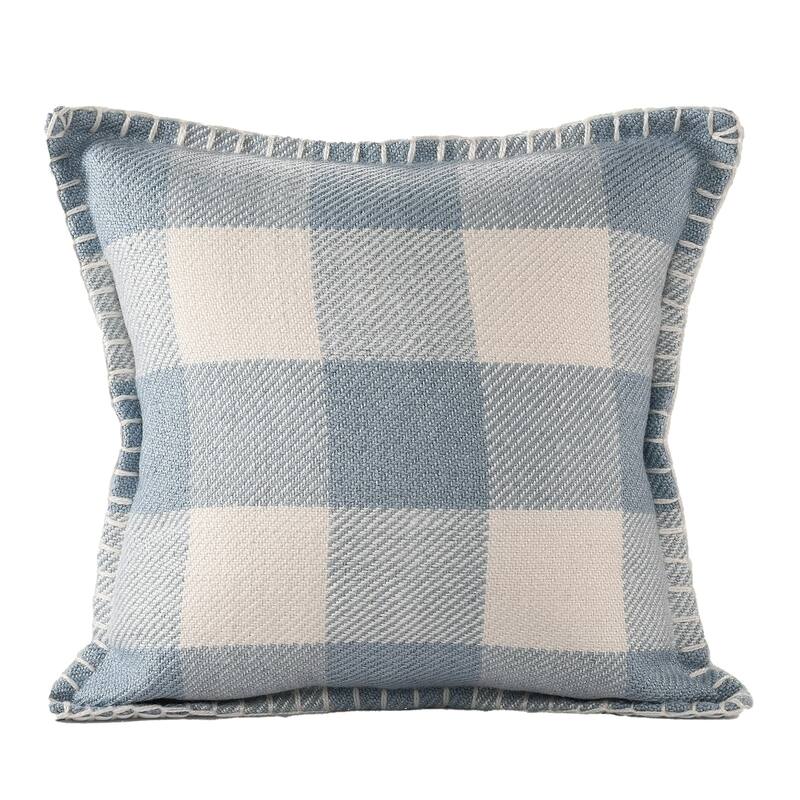 Handwoven Plaid Outdoor Patio Square Throw Pillow - 20" - Blue and Cream