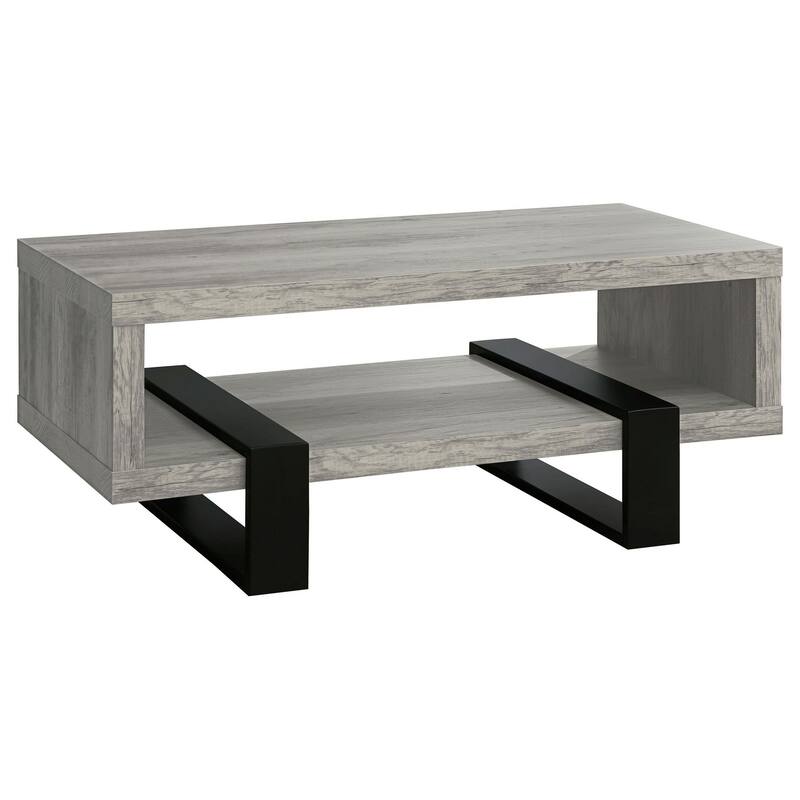 Modern Driftwood Open Shelf Coffee Table, Gray and Brown