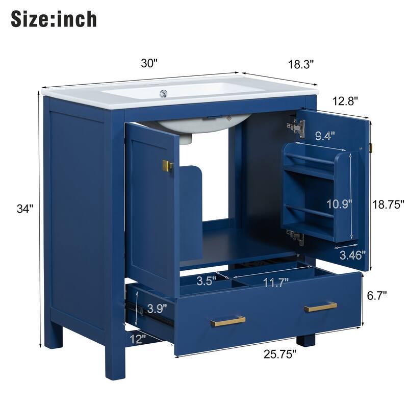 30" Blue Bathroom Vanity with Single Sink,