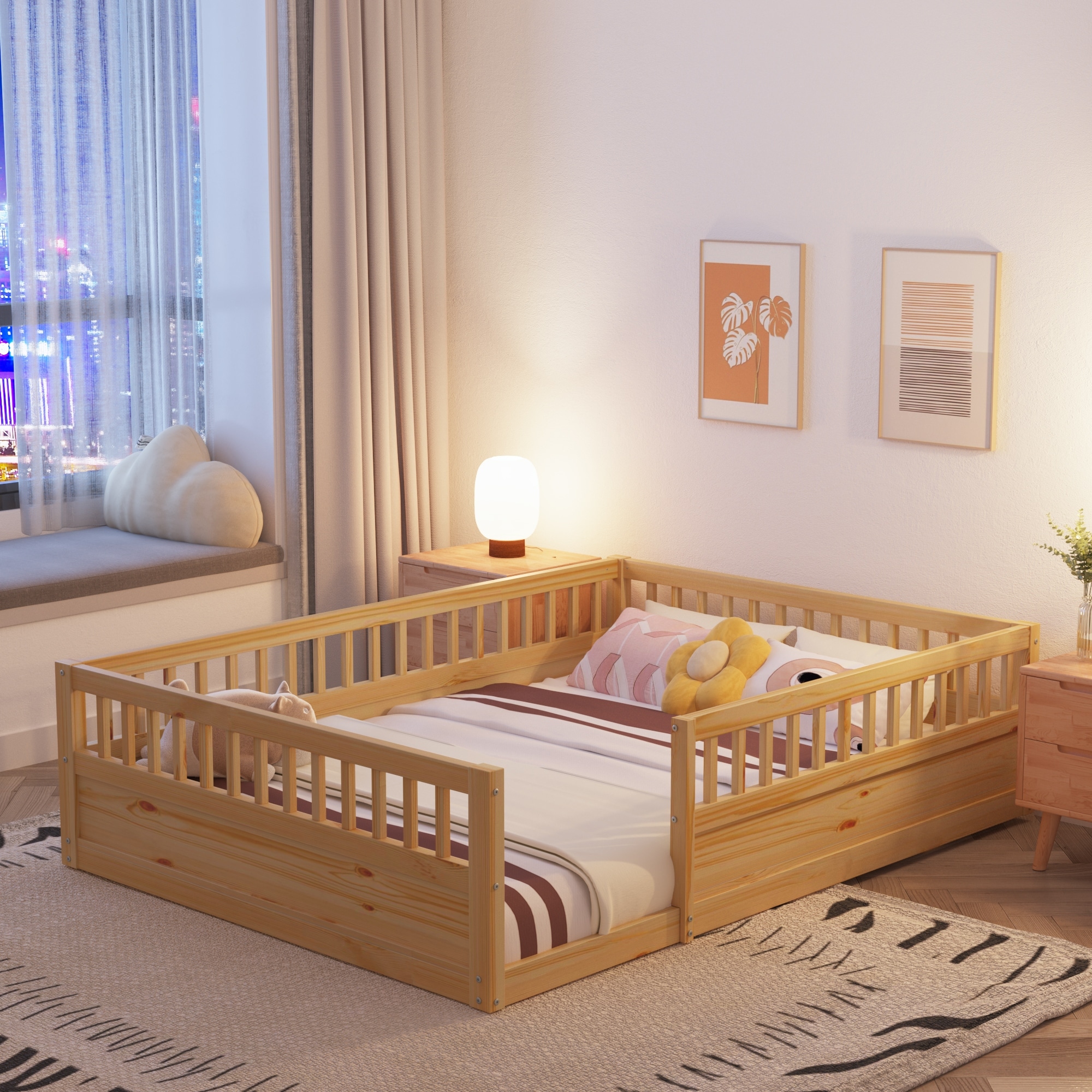 Natural Full Size Wood Kids Floor Beds Frame for Bedroom Playroom Enhanced Safety Low to Ground Design High Guardrails