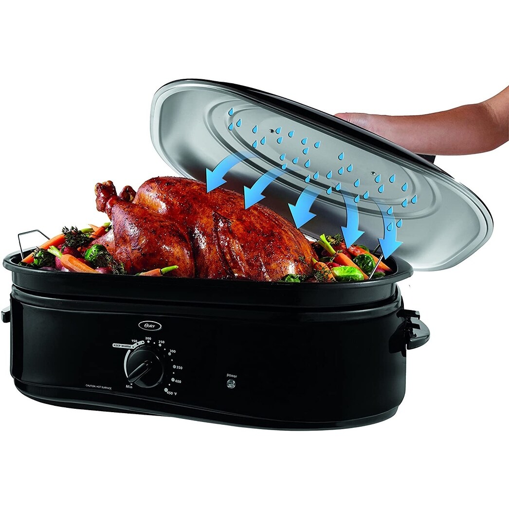 Oster - Not only does this large capacity roaster fit a 26-pound turkey,  but it also does the basting for you with self-basting lid. The Oster 22 QT  Roaster Oven makes holiday