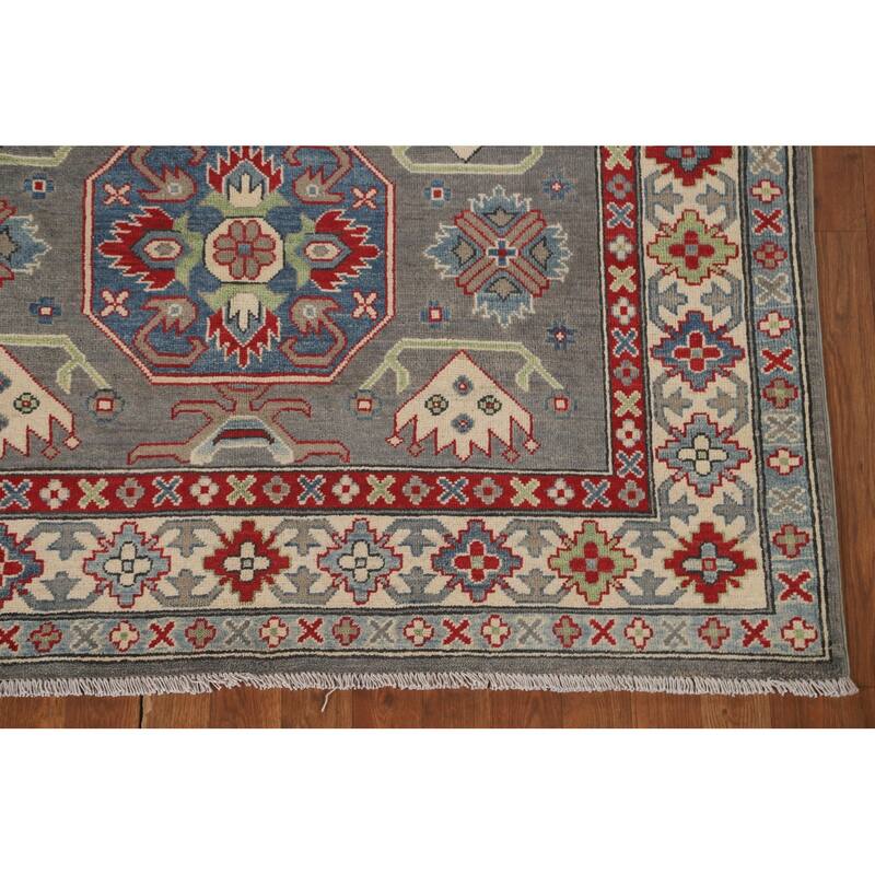 Gray Geometric Kazak Area Rug Hand-Knotted Oriental Wool Carpet - 4'11" x 6'6"