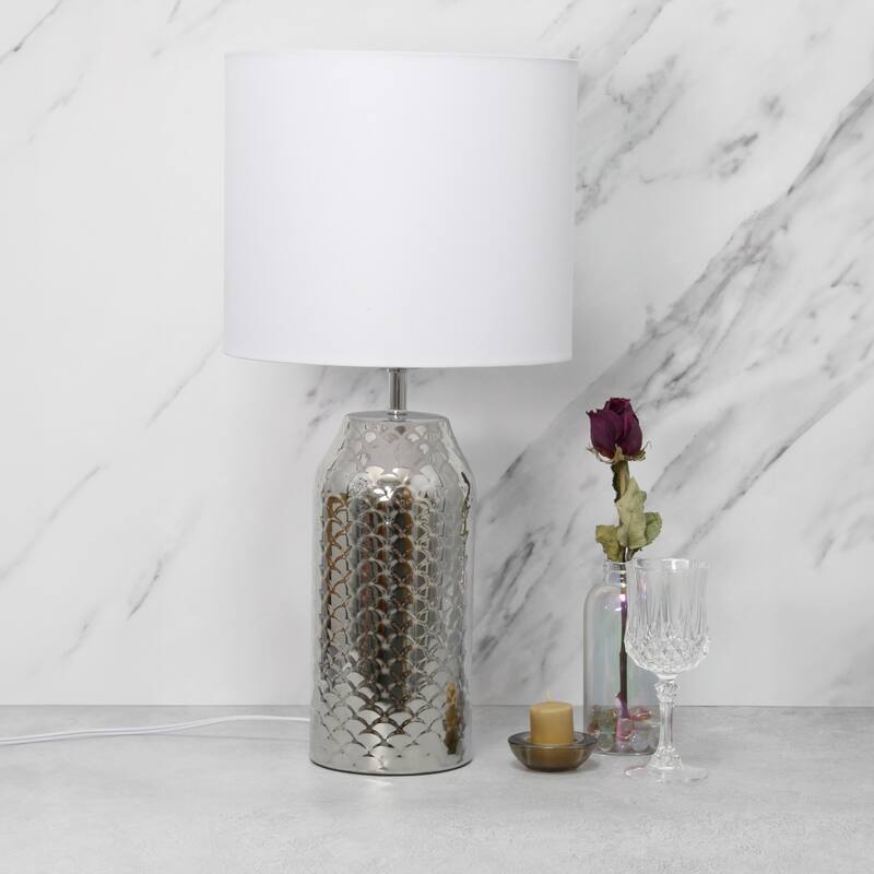 Mermaid Fishscale Porcelain Table Lamp with White Drum Shade - 23.75" - Silver