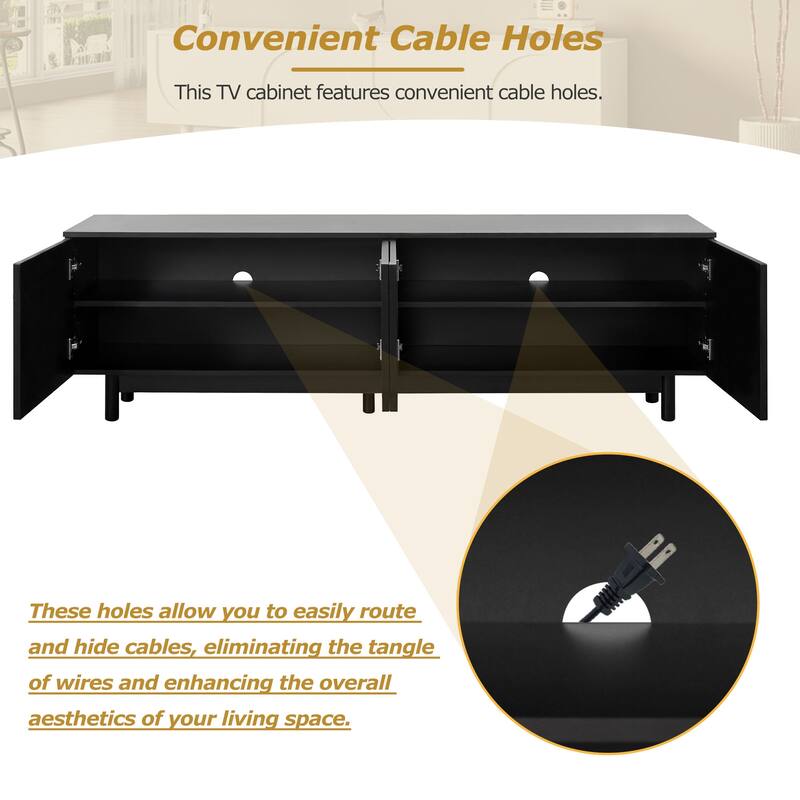 70'' Minimalist TV Stand with Arch Cabinet Doors & Solid Wood Legs, Adjustable Shelves & Cable Management