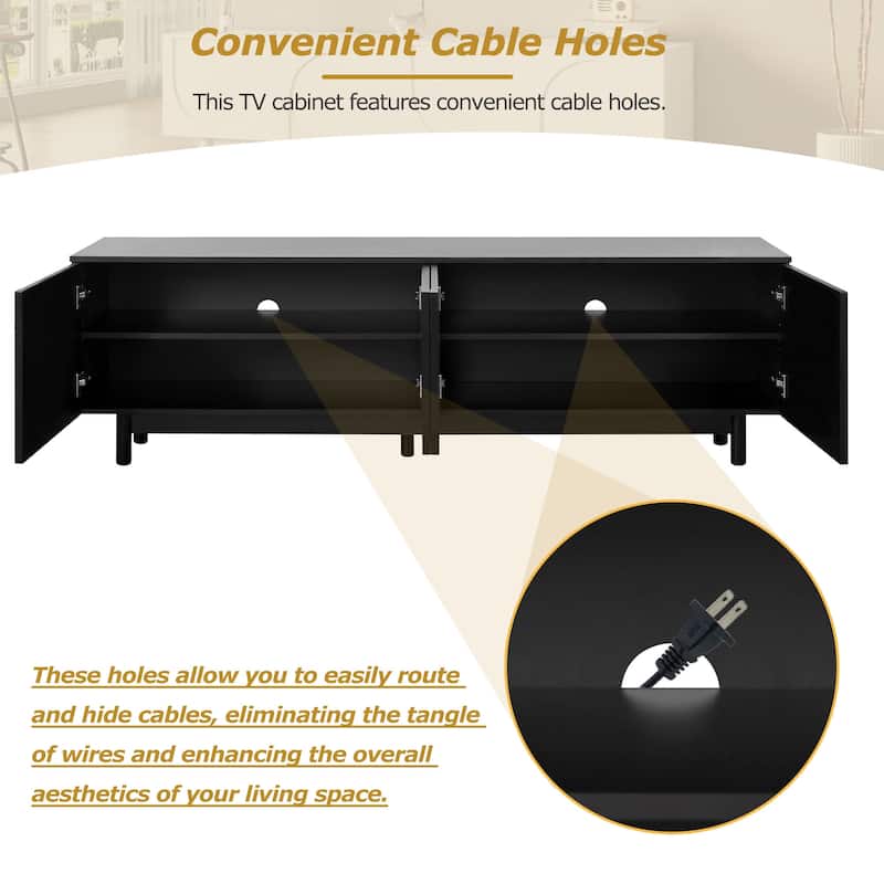Black 70" TV Stand with Wood Legs, Cabinets & Shelves for TVs Up to 78"
