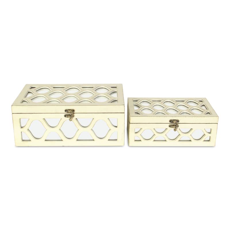 Blue Wood Moroccan Style Mirrored Storage Box (Set of 2)
