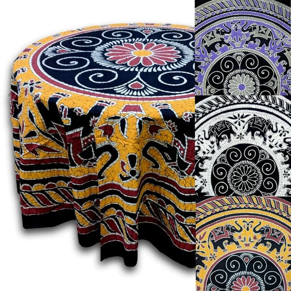 slide 2 of 4, Batik Elephant Cotton Enchanting Floral Tablecloth Round