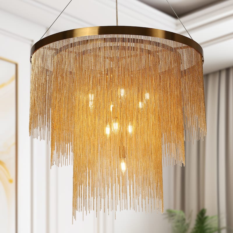 Mid-Century Modern 10-Light Tierd Gold Fringe Chandelier for Living Dining Room Entryway - Dia. 31.5" x H 27.5"