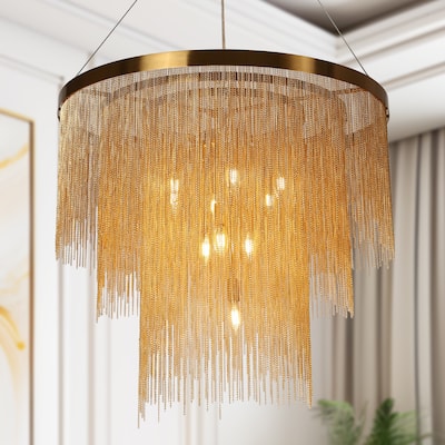 Mid-Century Modern 10-Light Tierd Gold Fringe Chandeliers for Dining Room - Dia. 31.5" x H 27.5"