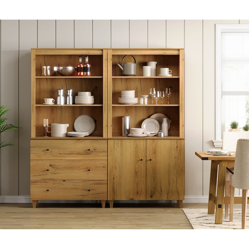 71" Tall Pantry Cabinet Set of 2, Modern Kitchen Storage Pantry with Drawers and Doors, Modular Storage Cabinets for Dining Room - Oak Brown