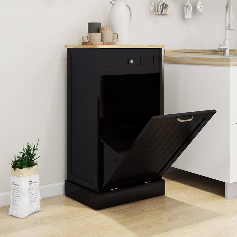 Anmytek 10-Gallon Woodgrain Tilt-Out Trash Can Cabinet with Wave-Textured Drawer for Kitchen,Bathroom