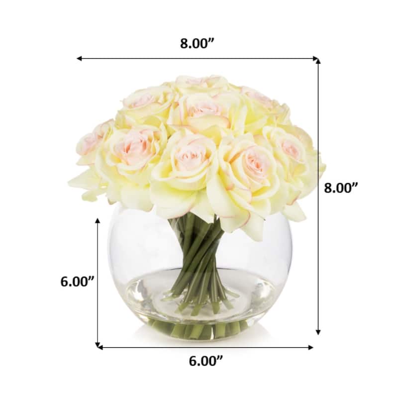 Enova Home 16 Heads Artificial Silk Rose Flowers in Round Glass Vase With Faux Water For Home Wedding Decoration