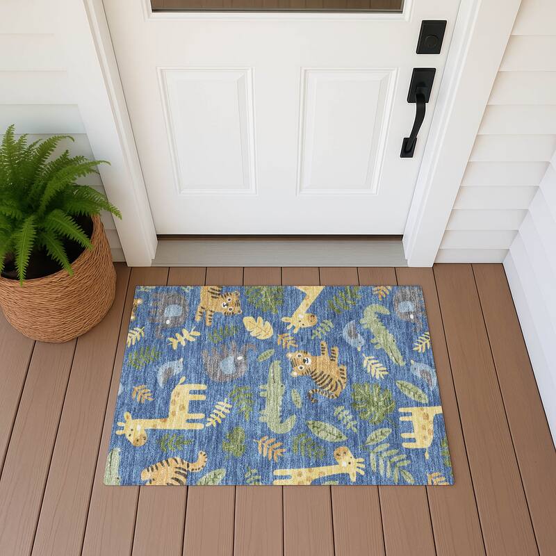 Machine Washable Indoor/ Outdoor Whimsy Safari Animals Chantille Rug - Blue - 1'8" x 2'6"